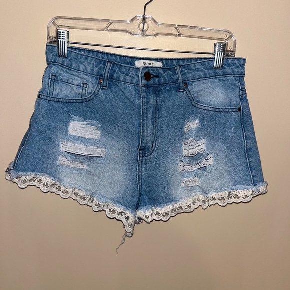 Forever 21 Distressed Crochet Lace Hem Denim Shorts - Picture 1 of 5